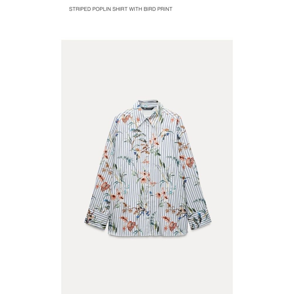 NWT Zara STRIPED POPLIN SHIRT WITH BIRD PRINT